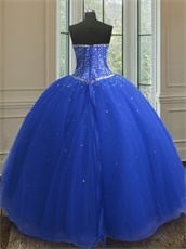 Royal Blue Layers Mesh Puffy Quinceanera Dance Ball Gown V-Shaped Seam Wasitline