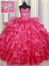 Coral Red Organza Layers Cake Quinceanera Ball Gown Custom Tailor High Quality