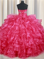 Coral Red Organza Layers Cake Quinceanera Ball Gown Custom Tailor High Quality