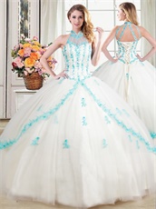 White Mesh With Ice Blue Floret Detaisl Detachable Four Pieces Quinceanera Ball Gown