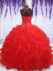 High Collar Red Organza Thick Ruffles Military Ball Gown Bustle Stage Show