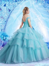 Off Shoulder Elastic Mesh Tape/Horsehair Layers Fluffy Ice Blue Quinceanera Ball Gown