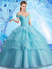 Off Shoulder Elastic Mesh Tape/Horsehair Layers Fluffy Ice Blue Quinceanera Ball Gown