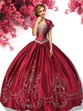 Cheap Basque Floor Length Wine Red Quinceanera Gown Full Silver Embroidery