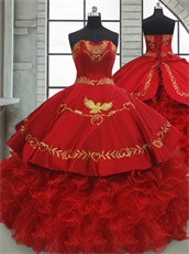 Western Gold Eagle Embroidery Red Quinceanera Gown With Thick Organza Ruffles