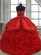 Western Gold Eagle Embroidery Red Quinceanera Gown With Thick Organza Ruffles