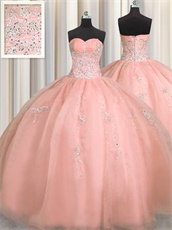 Very Puffy Blush Pink Quince Court Ball Gown Silver Embroidery With Big Petticoat