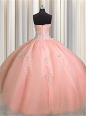 Very Puffy Blush Pink Quince Court Ball Gown Silver Embroidery With Big Petticoat