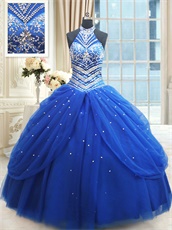 High Collar Royal Blue Silver Embroidery Vestidos De Ball Gown With Pick-up Skirt
