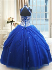 High Collar Royal Blue Silver Embroidery Vestidos De Ball Gown With Pick-up Skirt
