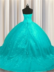 Flat Turquoise Tulle Court Train Girl 15 Quinceanera Adult Ceremony Gown Sales