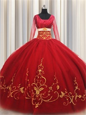 Red With Gold Embroidery Quinceanera Ball Gown Long Sleeves Winter Ceremony Wear