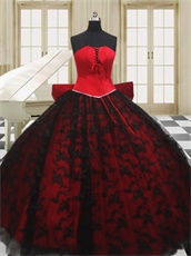 Red With Black Plain Lace Skirt Lovely Quinceanera Ball Gown With Big Bowknot Back