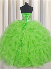 Strips Full Silver Beadwork Spring Green Birthday Party Ball Gown Daughter Gift