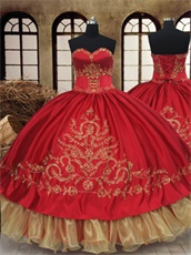 Western Red Destination Quinceanera Gown Embroidery Gold Organza Hemline