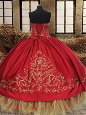 Western Red Destination Quinceanera Gown Embroidery Gold Organza Hemline