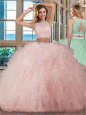 Pink Thick Tulle Ruffles Quinceanera Gown Two Pieces Top and Bottom Show Waist