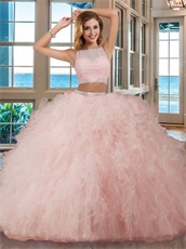 Pink Thick Tulle Ruffles Quinceanera Gown Two Pieces Top and Bottom Show Waist