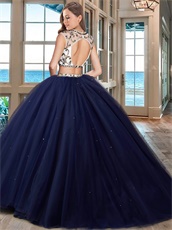 Separated Two Pieces Navy Blue Military Quinceanera Ball Gown Stage Wear