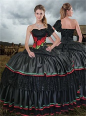 Single Short Lace Sleeve Black Western Quince Court Ball Gown With Embroidery