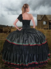 Single Short Lace Sleeve Black Western Quince Court Ball Gown With Embroidery