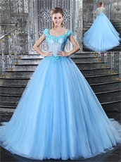 Light Blue See Through Bodice Court Train Sexy Quinceanera Ball Gown 2019 Summer