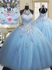 Designer Style Halter Baby Blue V Waistline Embroidery Quinceanera Ball Gown Cute