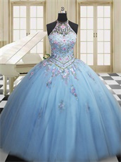 Designer Style Halter Baby Blue V Waistline Embroidery Quinceanera Ball Gown Cute