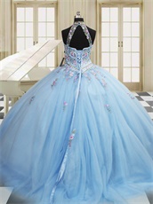 Designer Style Halter Baby Blue V Waistline Embroidery Quinceanera Ball Gown Cute