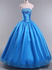 Azure Blue Organza Plain Smooth Puffy Quince Ball Gown With Tulle Inside