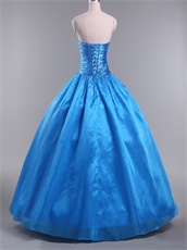 Azure Blue Organza Plain Smooth Puffy Quince Ball Gown With Tulle Inside