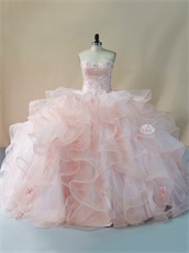 Horsehair Tulle Ruffles Blush Pink Puffy Girls Quinceanera Court Ball Gown Lovely