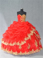 Discount Red Organza Bubble Bluging Quinceanera Ball Gown With Gold Lacework Appliques