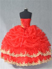 Discount Red Organza Bubble Bluging Quinceanera Ball Gown With Gold Lacework Appliques