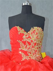 Discount Red Organza Bubble Bluging Quinceanera Ball Gown With Gold Lacework Appliques