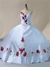 One Strap Puffy Plain Western Quinceanera Gowns White Satin With Wine Red Embroidery