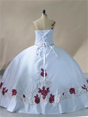 One Strap Puffy Plain Western Quinceanera Gowns White Satin With Wine Red Embroidery