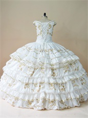 White Taffeta V-neck With Gold Embroidery Layers Skirt Quinceanera Spanish