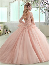 Hot Sell Blush Floor Length Split Quince Event Wear With Pagoda Long Sleeves