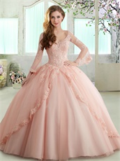 Hot Sell Blush Floor Length Split Quince Event Wear With Pagoda Long Sleeves