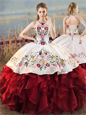 Flowers and Leaves Embroidery White & Dark Wine Red Ruffles Macthing Ball Gown