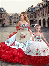 Embroidery White Quince Dress With Four-Layers Wave Red Skirt Ride Horse Package Sale