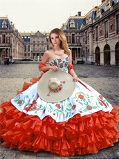Embroidery White Quince Ball Gown With Four-Layers Wave Red Skirt Ride Horse