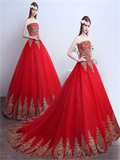 2019 Pretty Red Quinceanera Ball Gown Train With Gold Pineapple Appliques