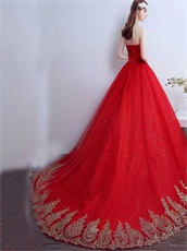 2019 Pretty Red Quinceanera Ball Gown Train With Gold Pineapple Appliques
