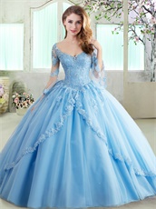 Light Blue Trumpet Long Sleeves Prom Puffy Dress For 16 Years Puberty Wear