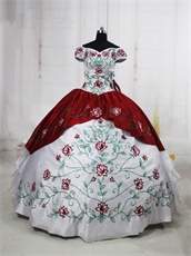 Vintage Weatern White & Wine Red Court Palace Ball Gown Embroiedry Details