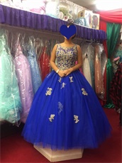 Royalty Blue Quinceanera Ball Gown With Sparkle Appliques and AB Crystal