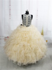 Two-Pieces Champagne Quinceanera Court Dress Lace Bodice Midriff Costume