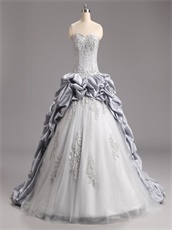 Custom Made Silver Taffeta Bubble Quinceanera Ball Gown With Sparkle Tulle